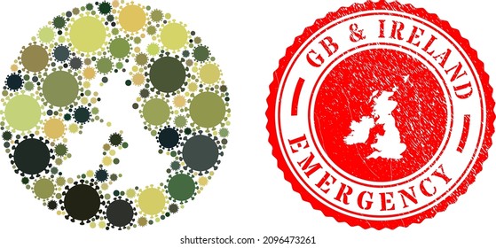 Vector mosaic Great Britain and Ireland map of sars virus elements and grunge EMERGENCY badge.