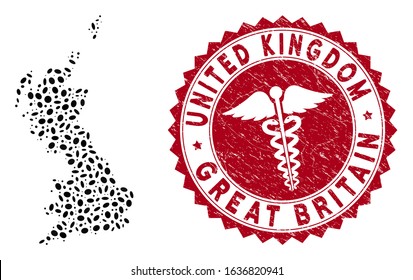 Vector mosaic Great Britain map and red round rubber stamp seal with medic icon. Great Britain map collage constructed with elliptic spots. Red round health care seal stamp, with unclean texture.