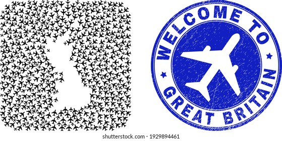 Vector mosaic Great Britain map of tourism items and grunge Welcome stamp. Mosaic geographic Great Britain map constructed as hole from rounded square with airways.