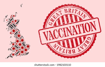 Vector mosaic Great Britain map of covid-2019 virus, inoculation icons, and red grunge vaccine seal stamp. Virus elements and inoculation items inside Great Britain map.
