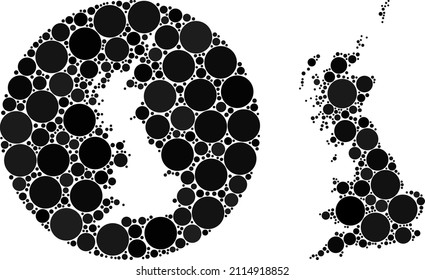 Mosaico vectorial Gran Bretaña mapa de elementos de esfera. Mapa geográfico mosaico de Gran Bretaña construido como esténcil de círculo con elementos de esfera en tonos de color negro.