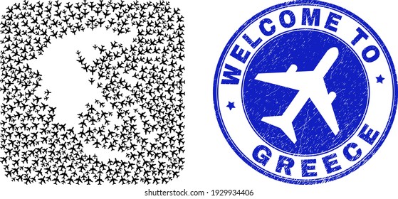 Vector mosaic Greece map of airways elements and grunge Welcome stamp. Mosaic geographic Greece map created as subtraction from rounded square using aviation.