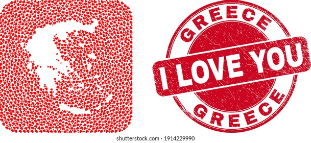 Vector mosaic Greece map of love heart elements and grunge love seal. Mosaic geographic Greece map created as stencil from rounded square shape with love hearts.