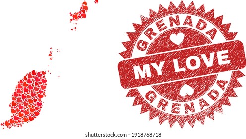 Vector mosaic Grenada map of lovely heart items and grunge My Love badge. Mosaic geographic Grenada map constructed with lovely hearts. Red rosette badge with corroded rubber texture and my love word.