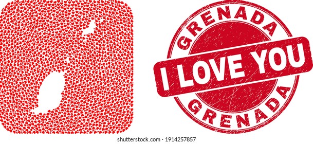 Vector mosaic Grenada map of valentine heart items and grunge love seal. Mosaic geographic Grenada map created as stencil from rounded square shape with lovely hearts.