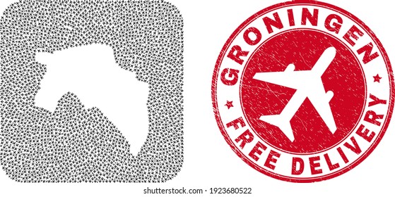 Vector mosaic Groningen Province map of air plane elements and grunge Free Delivery seal stamp.