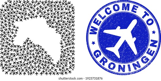 Vector mosaic Groningen Province map of airliner items and grunge Welcome seal. Mosaic geographic Groningen Province map created as subtraction from rounded square with aircrafts.