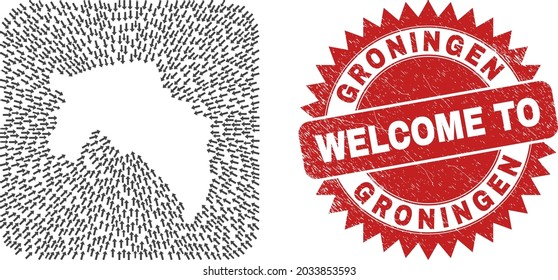 Vector mosaic Groningen Province map of immigration arrows and rubber Welcome badge. Collage geographic Groningen Province map designed as stencil from rounded square shape with arrows.