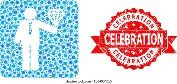 Vector mosaic groom with diamond of SARS virus, and Celebration scratched ribbon stamp seal. Virus elements inside groom diamond composition. Red stamp seal contains Celebration title inside ribbon.