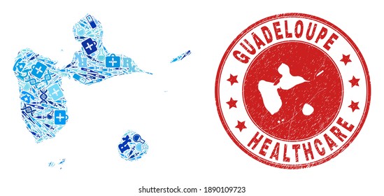 Vector mosaic Guadeloupe map with injection icons, test symbols, and grunge healthcare seal. Red round seal with unclean rubber texture and Guadeloupe map word and map.