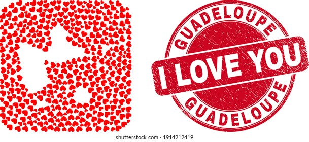 Vector mosaic Guadeloupe map of love heart items and grunge love stamp. Mosaic geographic Guadeloupe map created as stencil from rounded square with lovely hearts.