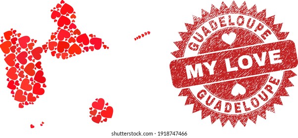 Vector mosaic Guadeloupe map of love heart elements and grunge My Love seal stamp. Mosaic geographic Guadeloupe map created with love hearts.