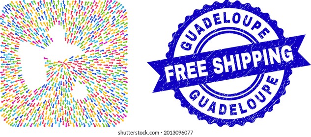 Vector mosaic Guadeloupe map of movement arrows and rubber Free Shipping seal stamp. Collage Guadeloupe map constructed as subtraction from rounded square with navigation arrows.