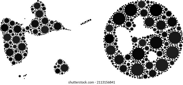 Vector mosaic Guadeloupe map of viral items. Mosaic geographic Guadeloupe map designed as stencil from round shape with covid-2019 items in black color hues. Abstraction for epidemic posters.