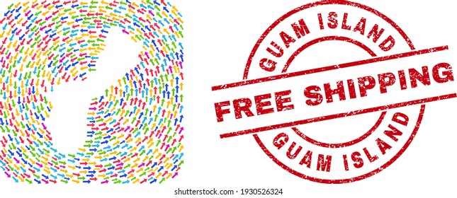 Vector mosaic Guam Island map of pointing arrows and rubber Free Shipping stamp. Mosaic geographic Guam Island map created using colorful pointer arrows around rounded square subtraction.