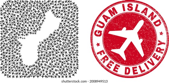 Mosaico vectorial de Guam Island mapa de artículos de avión y grunge sello de entrega gratuita. Mapa geográfico mosaico de la isla de Guam construido como resta de la plaza redondeada utilizando elementos de aviación voladores.