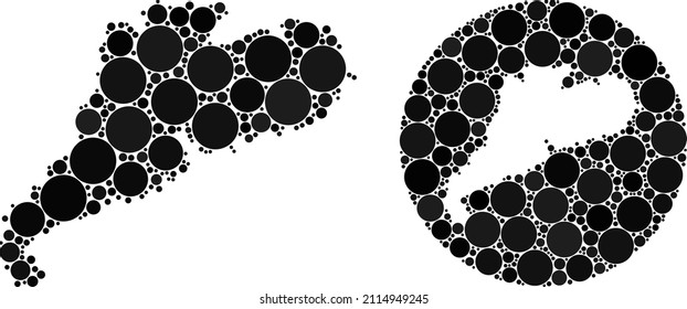 Mosaico vectorial de la provincia de Guangdong, mapa de elementos de esfera. Mapa geográfico mosaico de la provincia de Guangdong diseñado como un agujero de círculo con elementos de esfera en colores negros.