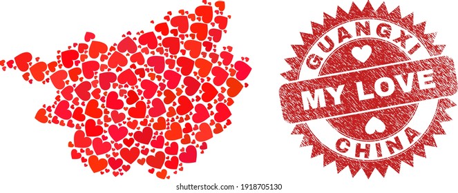 Vektor mosaic Guangxi Provinz Karte der Liebe Herzen Artikel und Grunge Meine Liebe Robbe. Collage geographische Landkarte der Provinz Guangxi entworfen mit valentinischen Herzen.
