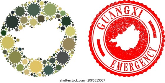 Vector mosaic Guangxi Province map of coronavirus icons and grunge EMERGENCY seal stamp.