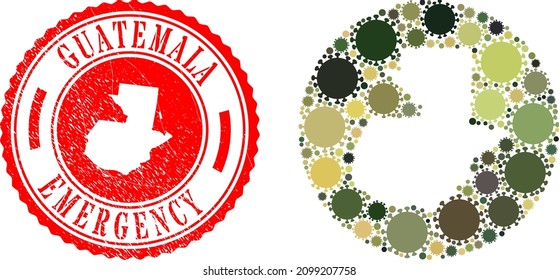 Vector mosaic Guatemala map of flu virus items and grunge EMERGENCY badge. Mosaic geographic Guatemala map designed as subtraction from circle with flu virus elements in khaki military colors.