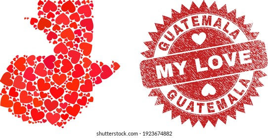 Vektor Mosaik Guatemala Karte von schönen Herzstücken und Grunge Meine Liebe Siegel. Mosaik geographische Guatemala-Karte mit schönen Herzen gebaut.