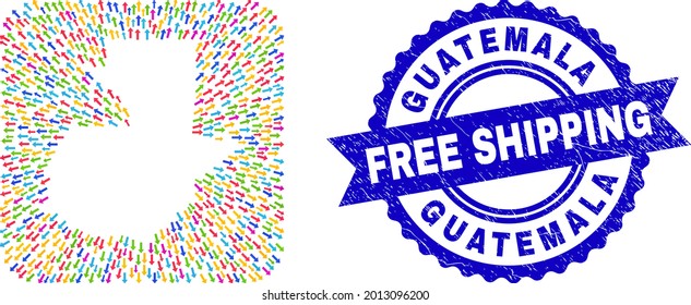 Vector mosaic Guatemala map of navigation arrows and rubber Free Shipping badge. Collage Guatemala map designed as carved shape from rounded square shape with evacuation arrows.