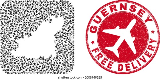 Vektor Mosaik Guernsey Island Karte von Flugzeugelementen und grunge Free Delivery Stempel.