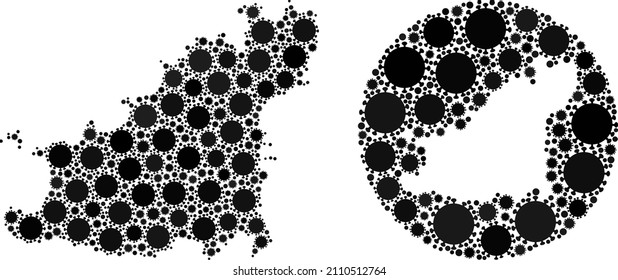 Vector mosaic Guernsey Island map of covid virus icons. Mosaic geographic Guernsey Island map created as hole from circle with virus outbreak elements in black colors. Template for outbreak warnings.