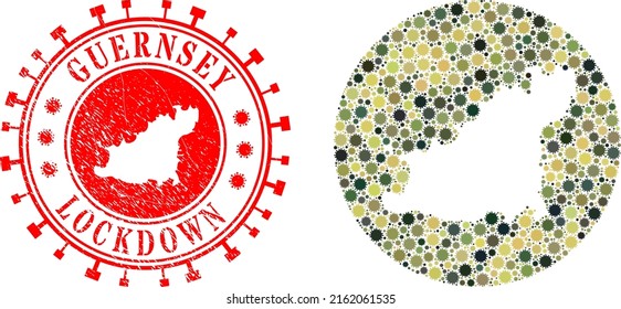 Mosaico vectorial de la isla de Guernsey, mapa de los elementos del virus SARS y sello LOCKDOWN grunge.