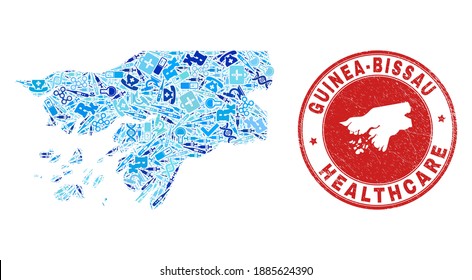 Vector mosaic Guinea-Bissau map with inoculation icons, hospital symbols, and grunge health care seal. Red round stamp with grunge rubber texture and Guinea-Bissau map tag and map.