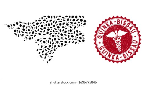 Vector mosaic Guinea-Bissau map and red round corroded stamp watermark with health care symbol. Guinea-Bissau map collage composed with oval elements. Red round medic watermark, with grunge texture.