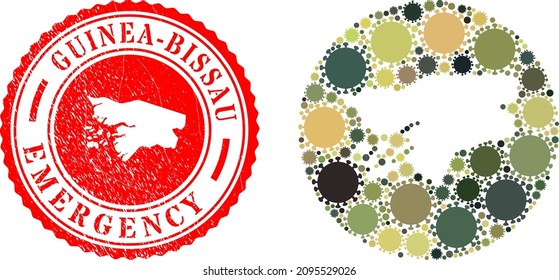 Vector mosaic Guinea-Bissau map of SARS virus elements and grunge EMERGENCY seal stamp.