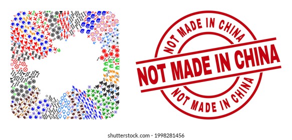Vektor mosaic Guizhou Provinz Karte von verschiedenen Symbolen und Nicht Made in China Siegel Stempel. Mosaik Guizhou Provinzplan als geschnitzte Form aus abgerundeten quadratischen Formen.