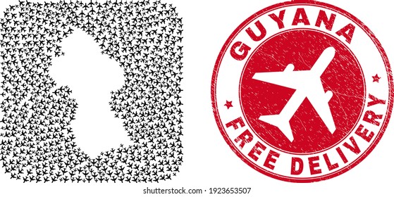 Vector mosaic Guyana map of aircraft elements and grunge Free Delivery badge. Collage geographic Guyana map constructed as hole from rounded square with coming out air force symbols.
