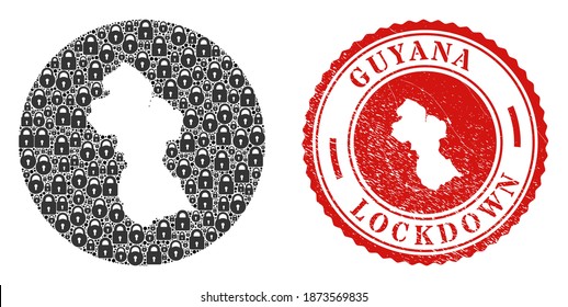 Vector mosaic Guyana map of locks and grunge LOCKDOWN stamp. Mosaic geographic Guyana map created as carved shape from round shape with black locks.