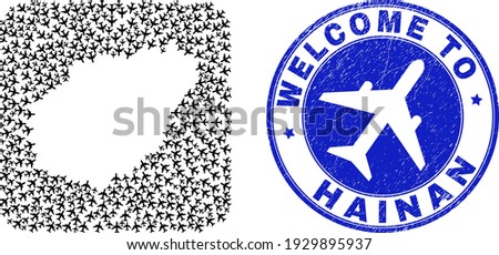 Vector mosaic Hainan map of air flight items and grunge Welcome badge. Mosaic geographic Hainan map constructed as subtraction from rounded square with air transport.