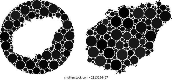 Vector mosaic Hainan map of circle elements. Mosaic geographic Hainan map is created as carved shape from round shape with circle items in black color hues. Dot vector mosaic Hainan map.