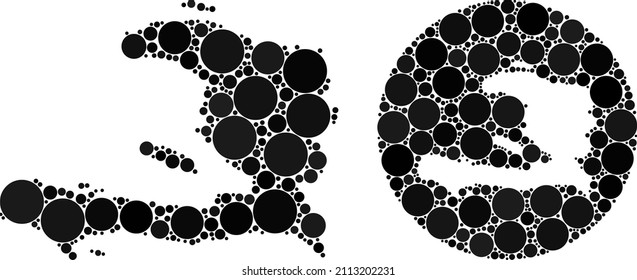 Vector mosaic Haiti map of circle parts. Mosaic geographic Haiti map is constructed as stencil from round shape with round parts in black color hues. Pixel vector mosaic Haiti map.