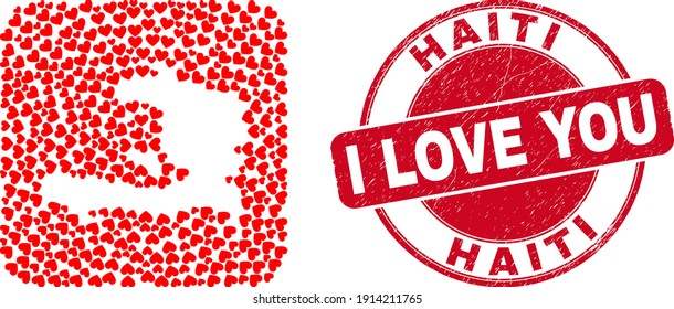 Vector mosaic Haiti map of valentine heart items and grunge love badge. Mosaic geographic Haiti map designed as carved shape from rounded square shape with lovely hearts.