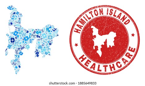 Vector mosaic Hamilton Island map with dose icons, medicine symbols, and grunge health care seal stamp. Red round stamp with grunge rubber texture and Hamilton Island map caption and map.