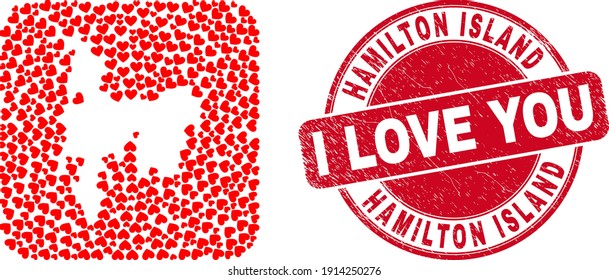 Vector mosaic Hamilton Island map of love heart elements and grunge love seal stamp. Collage geographic Hamilton Island map constructed as hole from rounded square shape with love hearts.