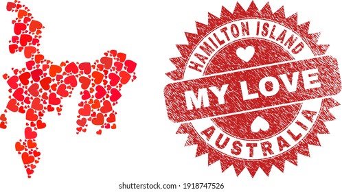 Vector mosaic Hamilton Island map of lovely heart elements and grunge My Love seal stamp. Mosaic geographic Hamilton Island map designed with valentine hearts.
