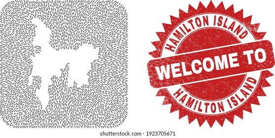 Vector mosaic Hamilton Island map of delivery arrows and grunge Welcome stamp. Mosaic geographic Hamilton Island map designed as hole from rounded square shape with navigation arrows.