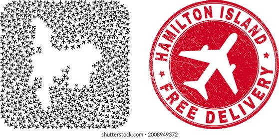 Vector mosaic Hamilton Island map of aviation items and grunge Free Delivery seal. Mosaic geographic Hamilton Island map designed as subtraction from rounded square shape with flying out airplanes.