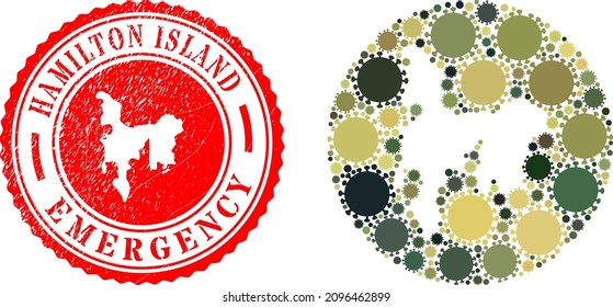 Vector mosaic Hamilton Island map of covid items and grunge EMERGENCY seal stamp. Mosaic geographic Hamilton Island map created as carved shape from circle with covid items in camo army colors.