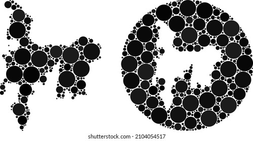 Vector mosaic Hamilton Island map of spheric elements. Mosaic geographic Hamilton Island map constructed as hole from circle with circle items in black color hues.