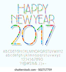 Vector mosaic Happy New Year 2017 greeting card with set of letters, symbols and numbers