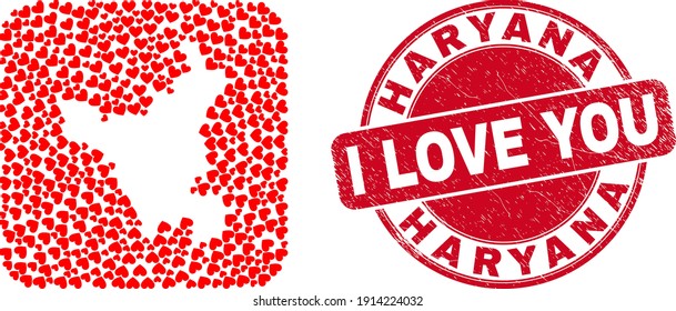 Vector mosaic Haryana State map of love heart elements and grunge love stamp. Mosaic geographic Haryana State map created as subtraction from rounded square with valentine hearts.