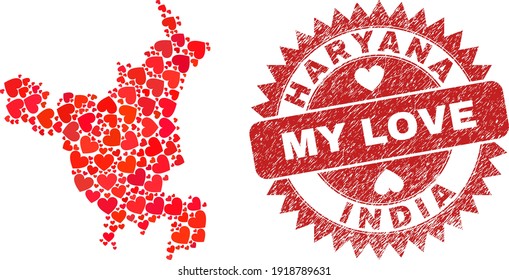 Vector mosaic Haryana State map of valentine heart elements and grunge My Love stamp. Mosaic geographic Haryana State map designed with valentine hearts.