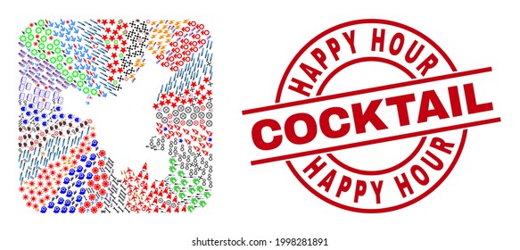 Mapa del estado de Haryana con mosaico vectorial de diferentes pictogramas y sello de sello de sello de cóctel Happy Hour. Mapa del estado de Mosaic Haryana construido como forma tallada de forma cuadrada redondeada.